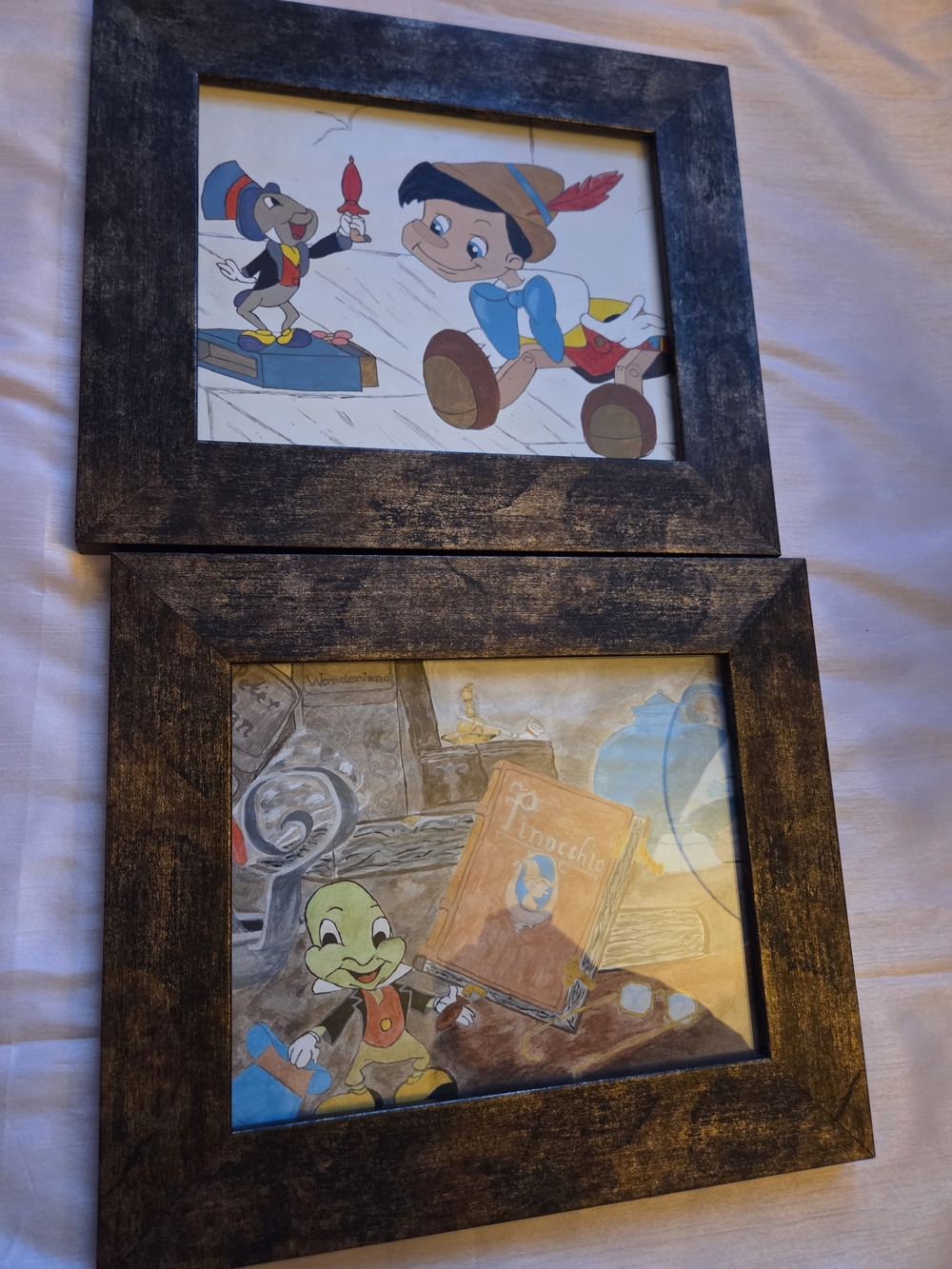 Pinocchio & Jiminy Cricket Framed Art Set Original Art Drawings Older Pair